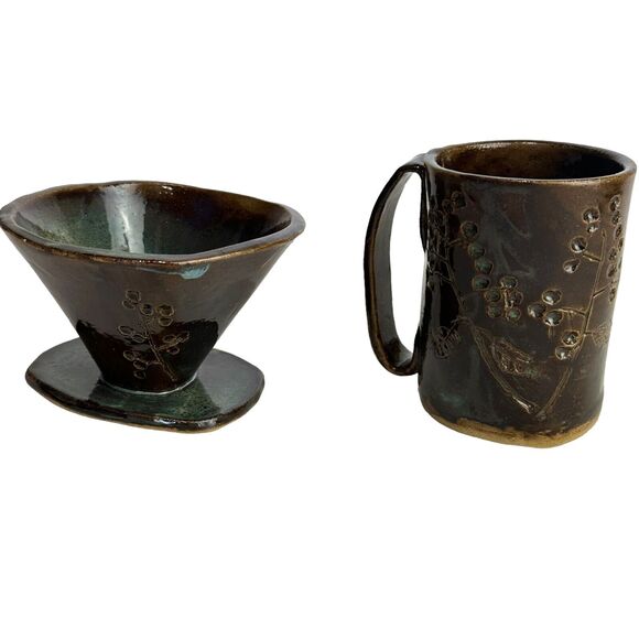 pottery coffee pour over set Artist Signed Handmade Studio Art - Picture 3 of 16